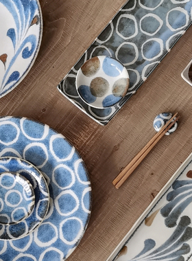 日本制Awasaka Brush Blue复古手绘甜点蛋糕盘早餐平餐盘沙拉盘