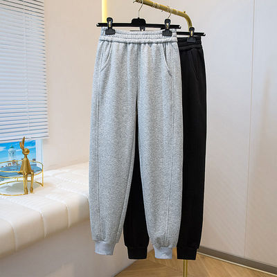 灰色加绒运动裤女秋冬季加厚休闲卫裤小个子一体绒裤子外穿束脚裤
