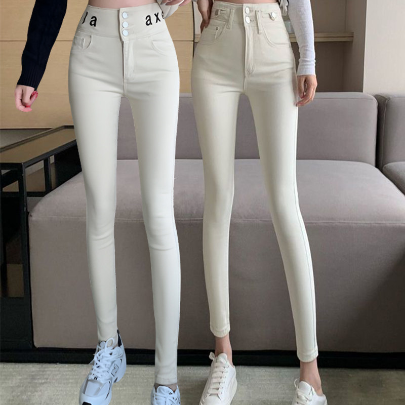 米白牛仔裤女高腰紧身提臀小脚裤欧美风新款显瘦弹力铅笔裤子春秋,女装/女士精品,牛仔裤,淘宝优惠券,粉丝福利购,淘宝优惠卷