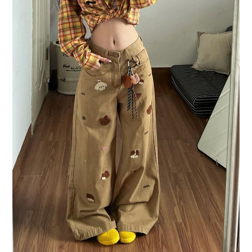 美式风卡其色刺绣牛仔裤女学生春夏季宽松显瘦卡通图案垂感阔腿裤