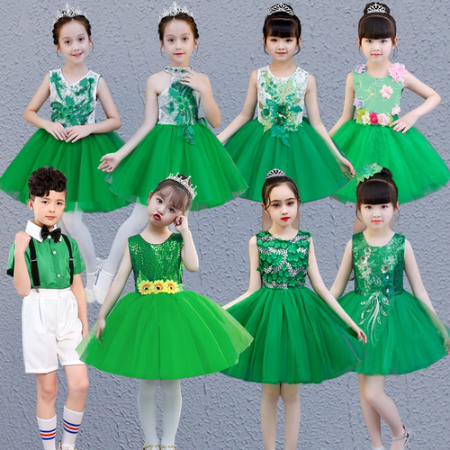 六一儿童大合唱演出服幼儿园女童公主裙蓬蓬纱裙小学生舞蹈表演绿