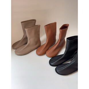 羊皮版圆头复古简约瘦瘦靴平底短靴显瘦靴子弹力靴女百搭通勤袜靴