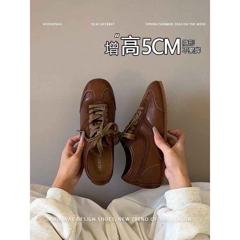 牛皮版~美拉德复古内增高5cm方头小众真皮德训鞋百搭休闲阿甘鞋女