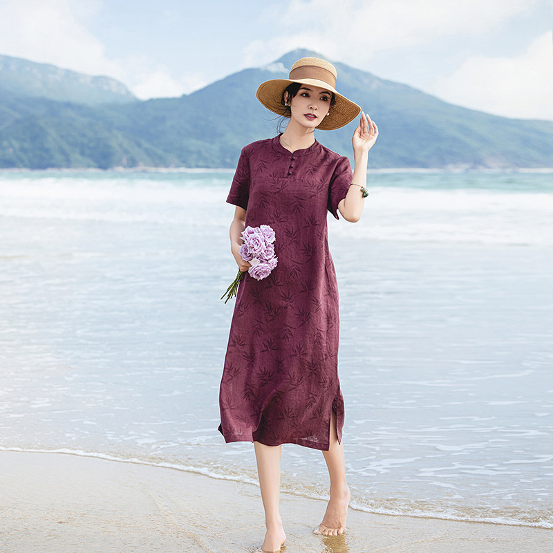 新中式亚麻连衣裙女2026新款夏季紫红色文艺复古国风旗袍棉麻长裙