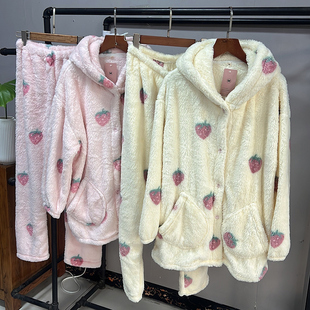 家居服套装 长裤 加厚保暖长袖 清仓处理法兰绒连帽睡衣女秋冬季