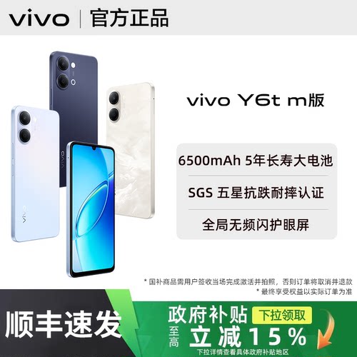 【政府补贴至高15%｜需签收激活】vivo Y6t m版全新vivoy6t m版官方正品专卖店6500mAh大电池学生老人备用