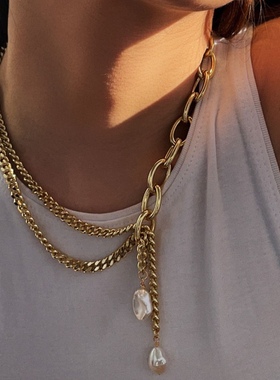 ins欧美原创设计粗细可抽拉链条天然珍珠黄铜镀真金 ins风 项链女