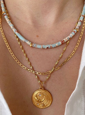 欧洲小众天然半宝石串珠月光石纹绿水波链星月圆牌叠戴项链