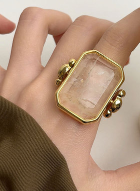 欧美小众复古时尚大颗方形水晶戒指中古vintage夸张方糖宝石指环