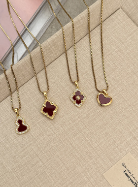 博主同款拉丝红色贝母项链双面锁骨链中古老钱轻奢新年配饰