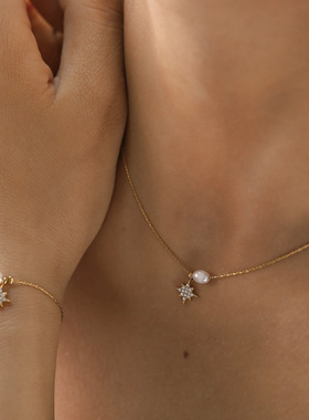 法式ins风珍珠项链女八芒星吊坠镶钻锁骨链18K金钛钢项链Necklace