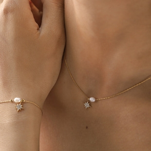 法式ins风珍珠项链女八芒星吊坠镶钻锁骨链18K金钛钢项链Necklace