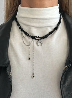 欧美饰品 甜酷风ins弯月吊坠项链 嘻哈高级感水晶串珠锁骨链