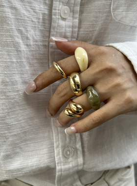 欧美饰品 ins金属光面水滴抱抱戒指 简约混搭素圈指环戒Ring