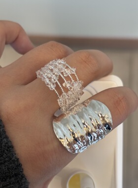 黄铜厚银电镀戒指纹理不规则宽面时尚个性戒指水晶多层百搭食指戒