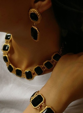 重工中古vintage黑玛瑙几何形宝石项链复古夸张耳环套装高档饰品