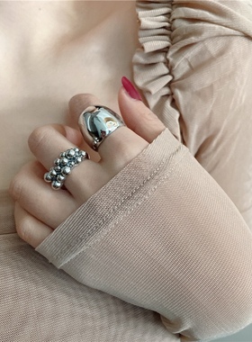 欧美ins风圆珠球镀银戒指女 小众个设计光面椭圆宽版时尚食指戒指