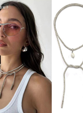 2025新闪钻blingbling锁骨链高级感知识分子淡水珍珠长款项链配饰