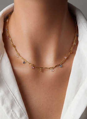 法式线条缠绕彩色锆石项链女小众气质轻奢风时尚锁骨链304不锈钢