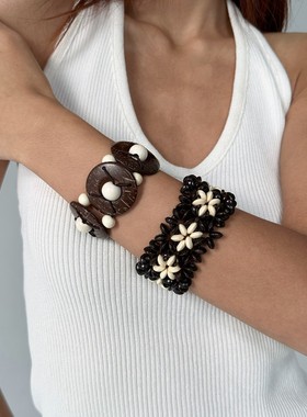 圆形椰子壳木珠串珠弹力手链波西米亚复古个性手环小众高级感手饰