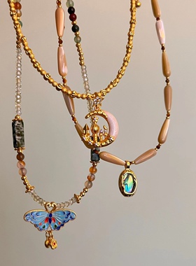 小众秋冬串珠中古项链vintage复古彩色珠子高级感锁骨链简约颈链