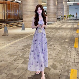 法式绝美紫色碎花吊带连衣裙女夏季2025新款海边度假气质收腰长裙