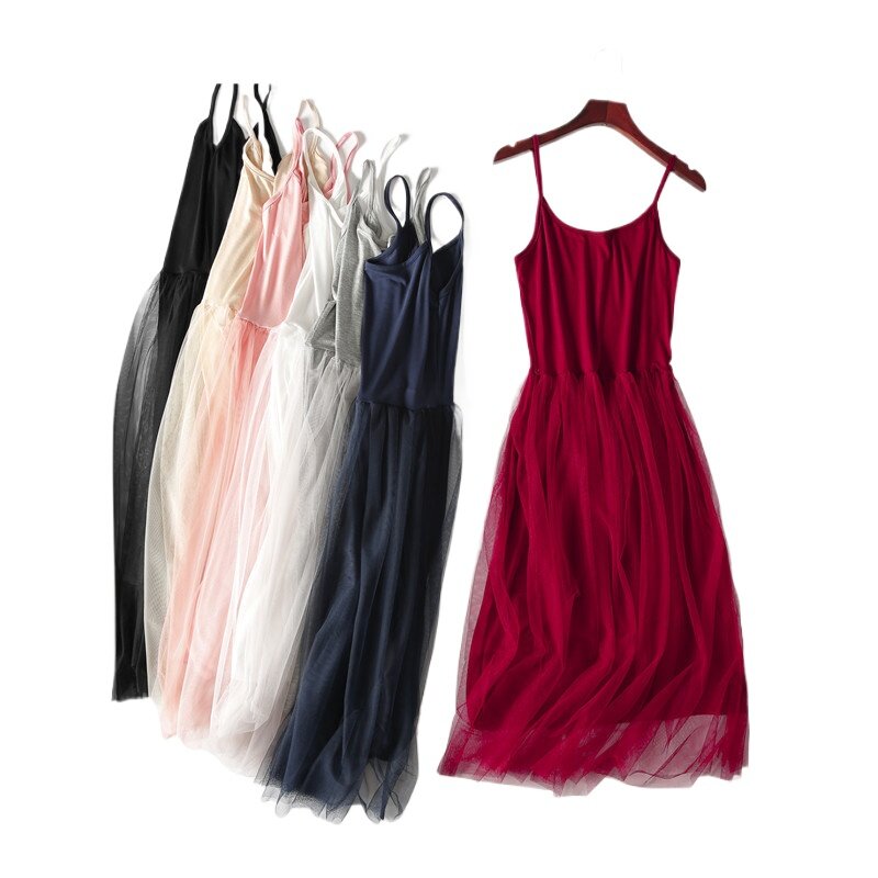 韩国女莫代尔背心裙吊带连衣裙雪纺无袖网纱内搭打底长裙大码显瘦