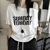 宽松显瘦百搭韩版 T恤时尚 斜肩吊带撞色字母休闲印花短袖 2026夏季