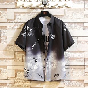薄款印花休闲冰丝短袖衬衫上衣潮流男款潮牌夏季宽松男士衬衣外套