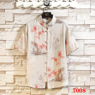 中国风汉服男士短袖衬衫印花春夏上衣禅意宽松居士盘扣服衬衣唐装