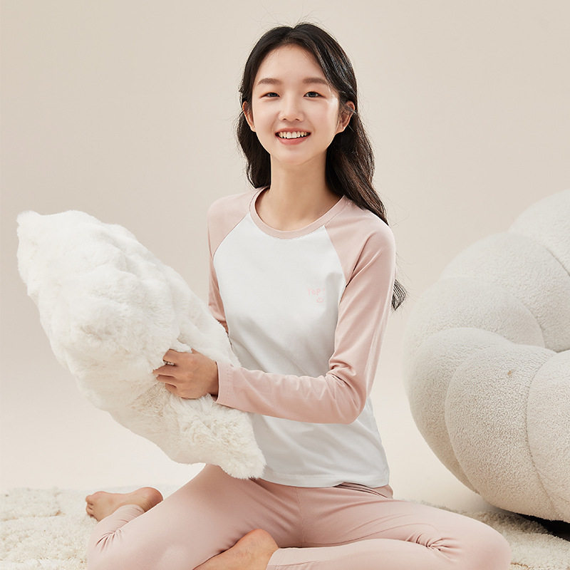 女生纯棉保暖套装薄款修身春秋打底棉毛衫青少年学生拼色秋衣