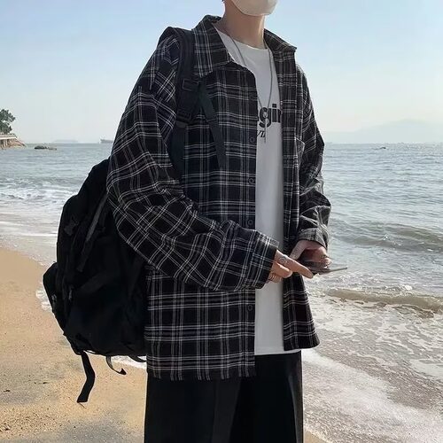 美式复古格子衬衫男春秋潮牌vibe高街长袖衬衣少年感潮流百搭外套