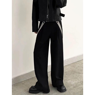 老钱高级感宽松直筒通勤阔腿长裤 TR混纺千鸟格拼接休闲西裤 男美式