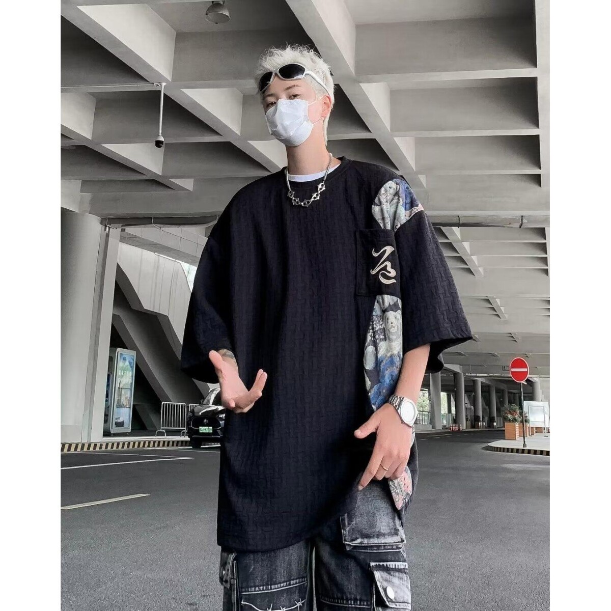 港风ins提花刺绣小熊拼接短袖T恤