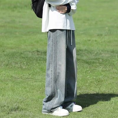 牛仔裤男款2025秋冬新款潮流青少年松紧腰宽松直筒裤阔腿男士裤子