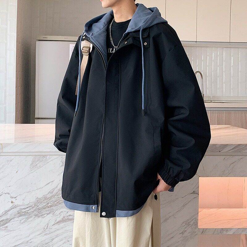 假两件连帽夹克外套男生春秋新款美式街头痞帅休闲黑色飞行机车服