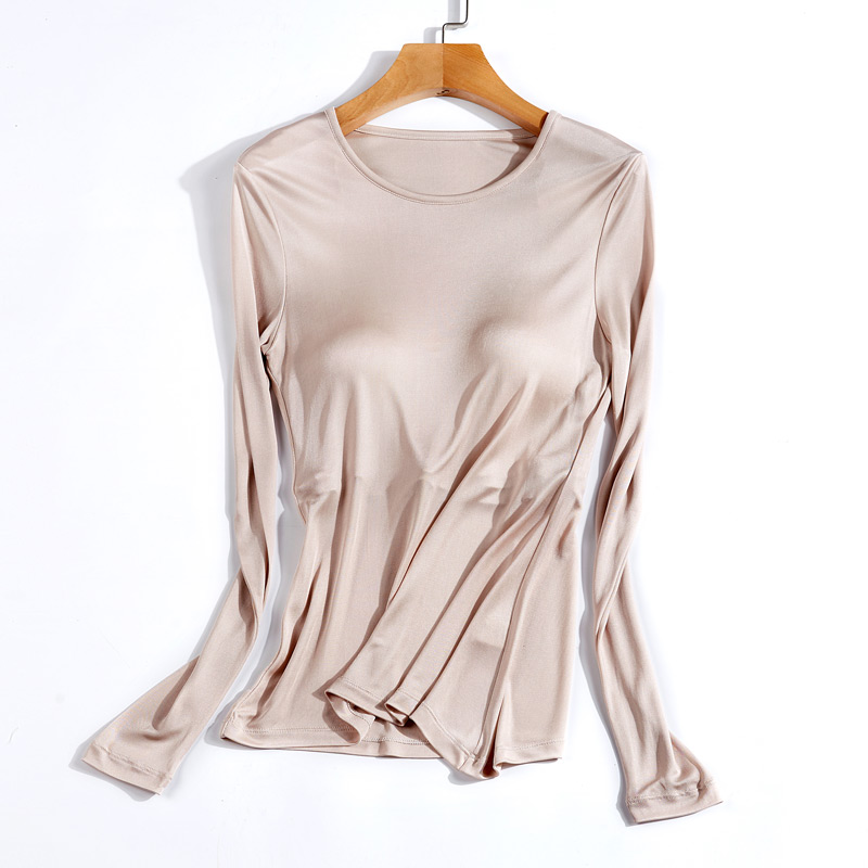 双层带胸垫保暖真丝家居打底衫