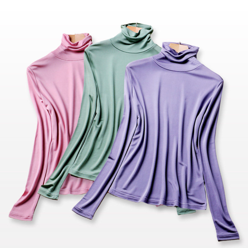 真丝针织t恤女春秋纯色堆堆领套头长袖上衣内搭桑蚕丝高领打底衫,女装/女士精品,T恤,淘宝优惠券,粉丝福利购,淘宝优惠卷