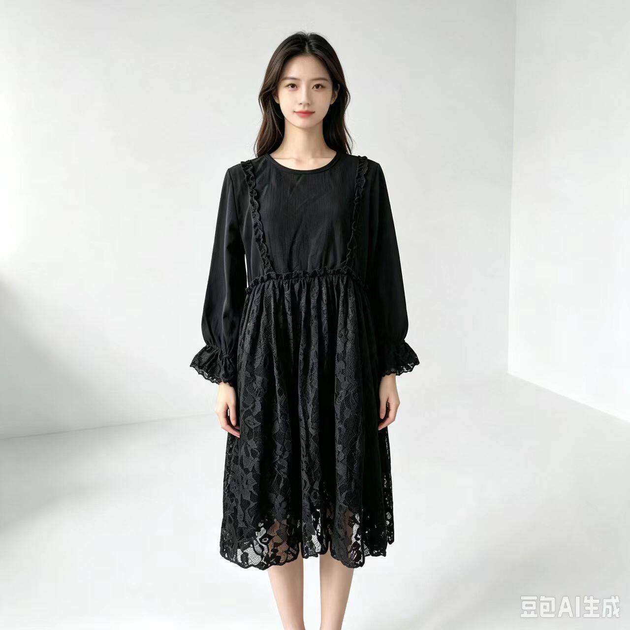 黑色蕾丝短款连衣裙女春秋长袖背带裙小个子显瘦荷叶边小黑裙