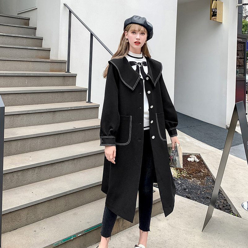 毛菇小象黑色风衣女夏中长款韩版外套小个子学生流行宽松休闲大衣