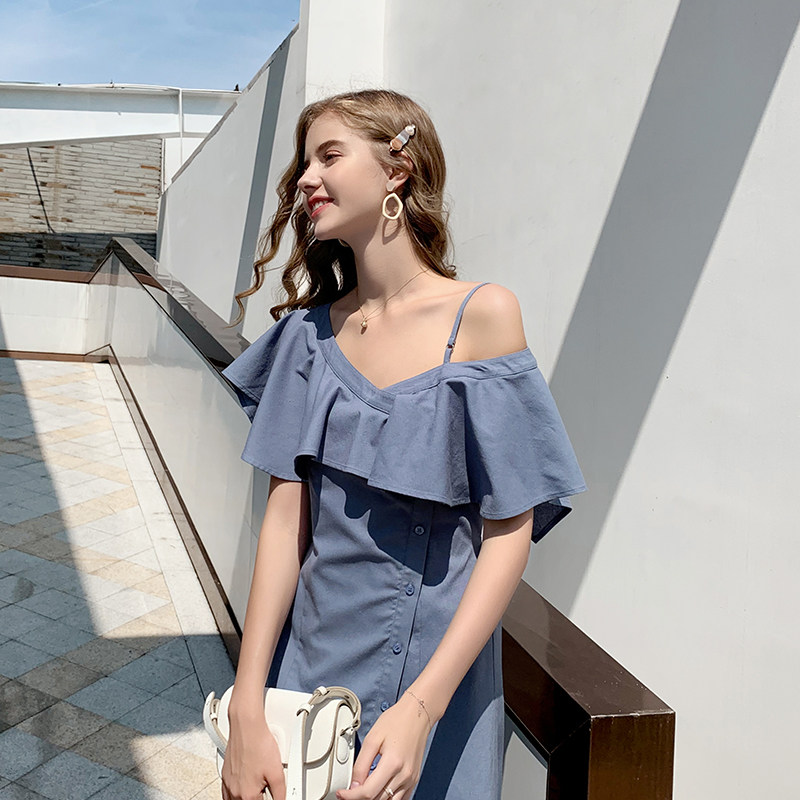 毛菇小象性感露肩连衣裙2020新夏设计感不规则气质一字肩蓝色裙子