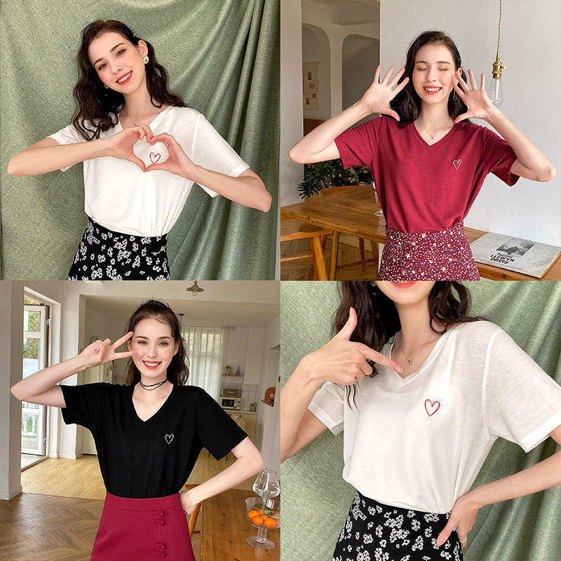毛菇小象自带瘦脸功能V领T恤女2020夏新款宽松白色洋气短袖上衣