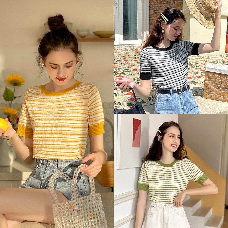毛菇小象短袖女2020年夏新款条纹针织圆领薄款t恤短款洋气上衣潮
