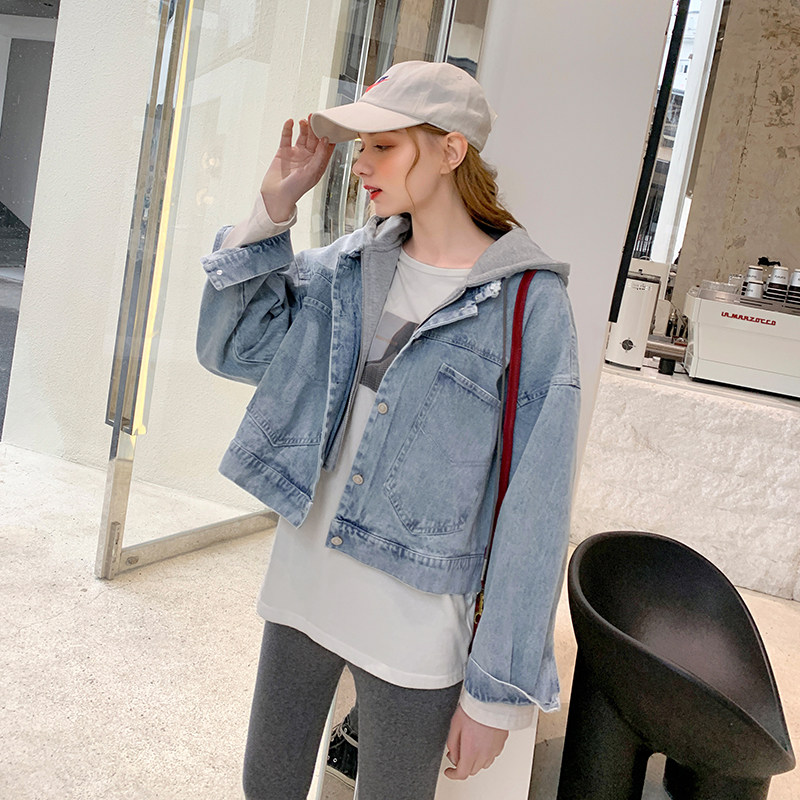 毛菇小象假两件连帽牛仔短外套女2020夏新款学生休闲宽松短款上衣