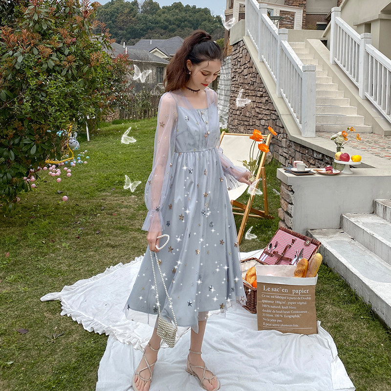 毛菇小象中长款吊带连衣裙女2020夏新款超仙性感透视网纱收腰长裙