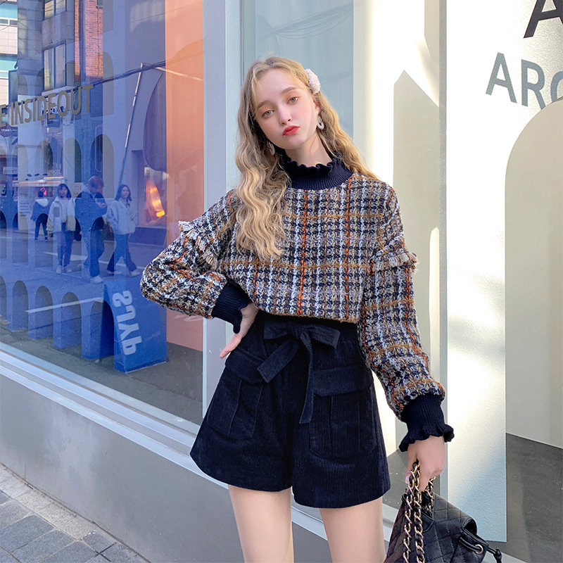 毛菇小象套装女2019新套头卫衣复古高腰短裤小个子显高裙裤两件套