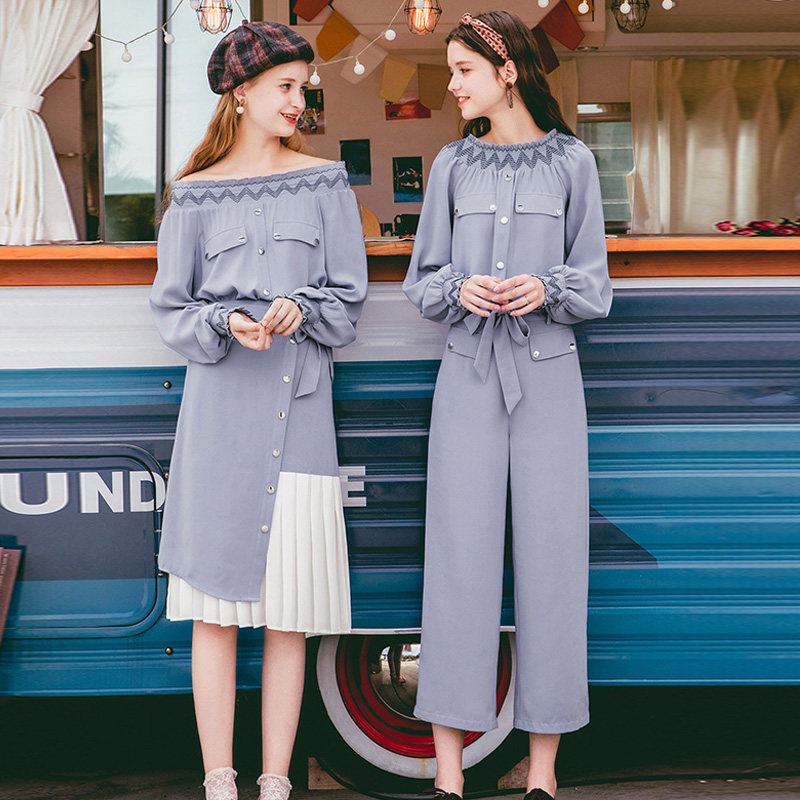 毛菇小象2020新款夏两件套装雪纺衫女阔腿裤半身裙气质一字肩上衣