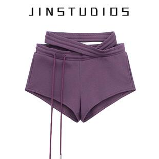 显瘦包臀辣妹热裤 设计感交叉绕腰个性 纯色修身 运动短裤 女 抽绳美式