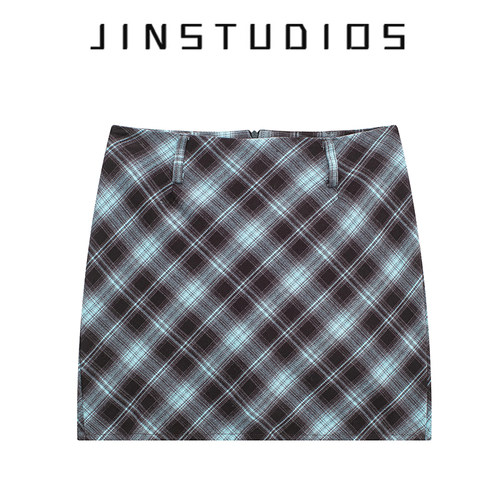 美式复古撞色格子辣妹风包臀短裙