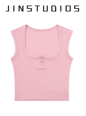 JIN自制25夏多巴胺风纽扣U领款肩带美式运动背心修身超短辣妹上衣